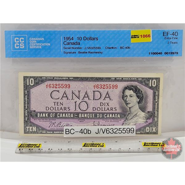 Canada $10 Bill 1954 : Beattie/Rasminsky #JV6325599 (CCCS Cert: EF-40 Extra Fine : 2 Tears)