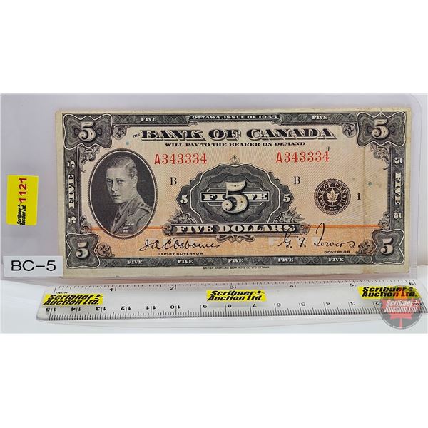 Bank of Canada $5 Bill 1935 : Osbourne/Towers #A343334