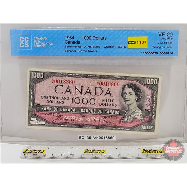 Canada $1000 Bill 1954DF "Devil's Face" : Coyne/Towers #AK0018860 (CCCS Cert : VF-20 Very Fine : Wri