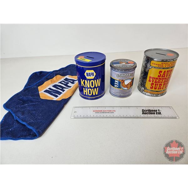 Collector Tin Trio : Surfco Coin Bank, NAPA Coin Bank w/Rag and Camel Lights Keg  (Largest Measures