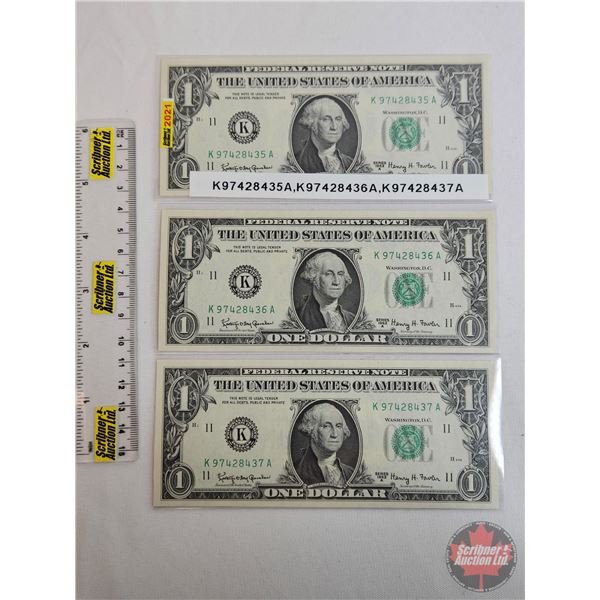 USA $1 Bills 1963A (3 Consecutive) : #K97428435A-436A-437A