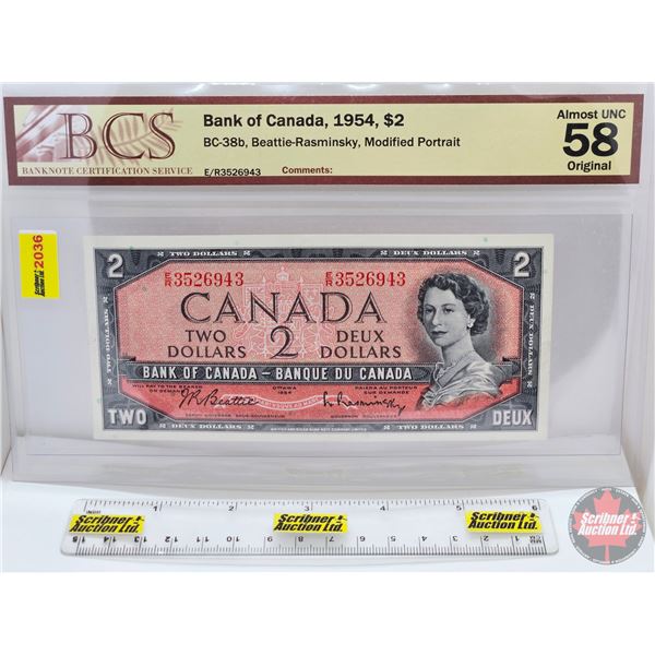 Canada $2 Bill 1954 : Beattie/Rasminsky #ER3526943 (BCS Cert: Almost UNC 58 Original)