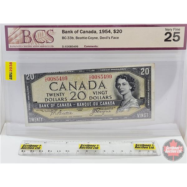 Canada $20 Bill 1954DF "Devil's Face" : Beattie/Coyne #DE0085499 (BCS Cert: Very Fine 25) ~ Miscut