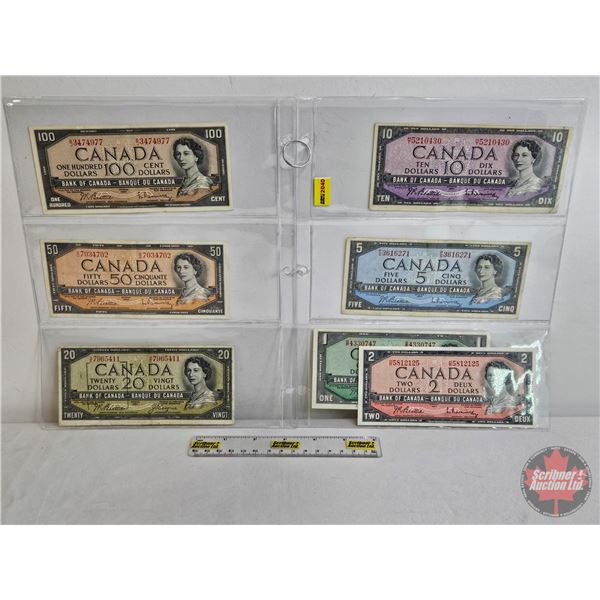 Canada Bills 1954 ~ Collector Combo (7) : ~ $1 Beattie/Rasminsky #DP4330747 ~ $2 Beattie/Rasminsky #