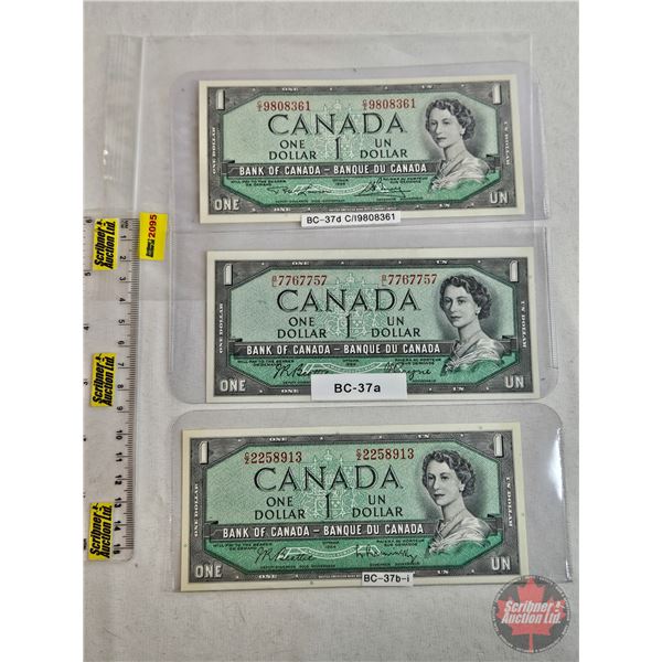 Canada $1 Bills 1954 (3): - Lawson/Bouey #CI9808361 - Beattie/Coyne #BL7767757 - Beattie/Rasminsky #