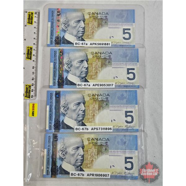Canada $5 Bills 2006 (4): - Jenkins/Carney #APR1906907 - Jenkins/Carney #APS7311896 - Jenkins/Dodge 