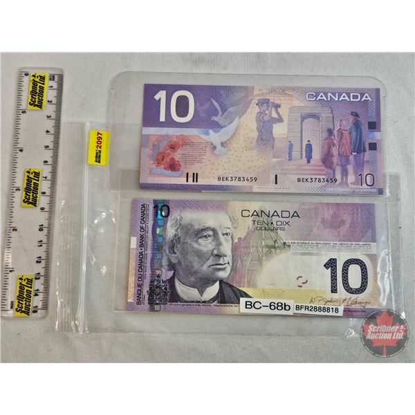 Canada $10 Bills (2) : - 2001 Knight/Dodge #BEK3783459 - 2005 Jenkins/Carney #BFR2888818
