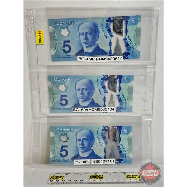 Canada $5 Bills 2013 (3): - Macklem/Poloz #HBN5429614 - Wilkins/Poloz #HCM6535404 - Wilkins/Poloz #I