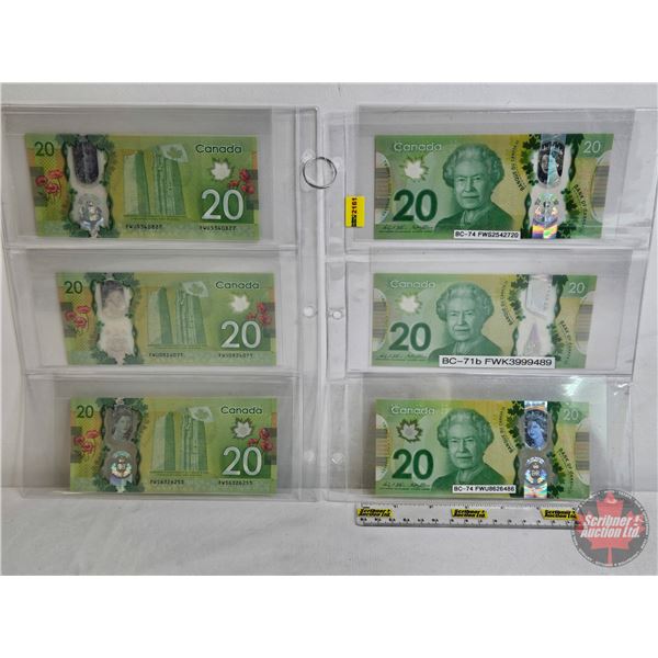 Canada $20 Bills 2015 (6) :  - Wilkins/Poloz #FWS2542720 - Wilkins/Poloz #FWK3999489 - Wilkins/Poloz