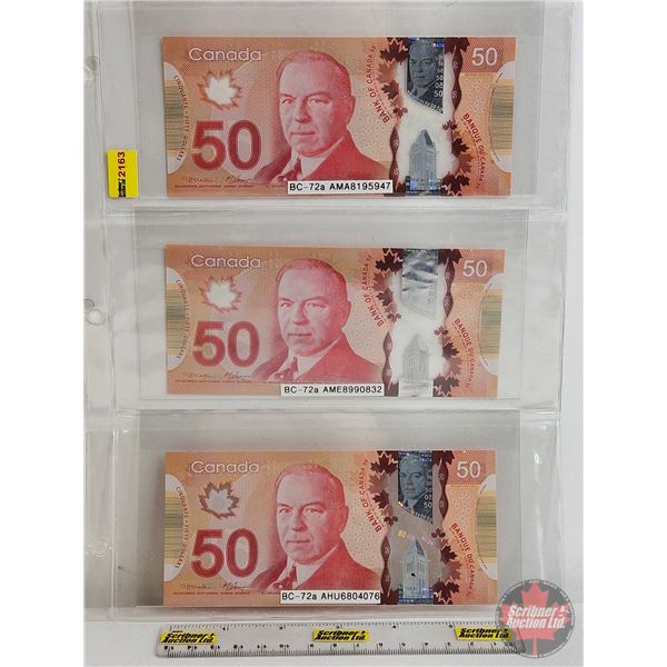 Canada $50 Bills 2012 (3) :  - Macklem/Carney #AMA8195947 - Macklem/Carney #AME8990832 - Macklem/Car