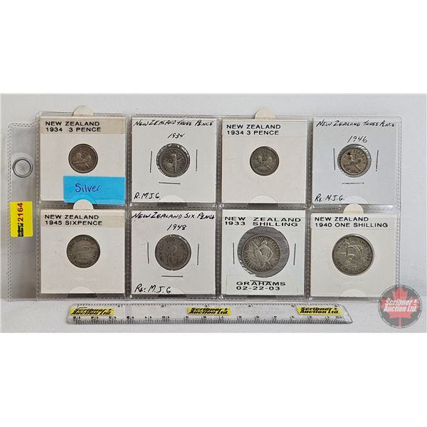 New Zealand Coins (8) : - 1934 Three Pence - 1934 Three Pence - 1934 Three Pence - 1946 Three Pence 