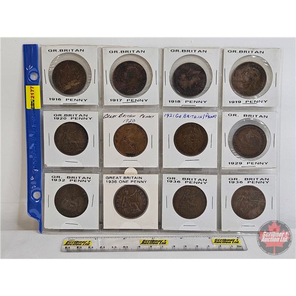 Great Britain One Penny (12): 1916; 1917; 1918; 1919; 1920; 1920; 1921; 1929; 1932; 1936; 1936; 1936