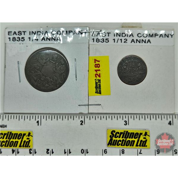 East India Company 1835 (2): 1/4 Anna & 1/12 Anna