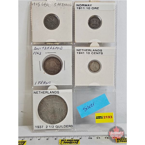 Foreign Coins (5):  ~ Germany 1915 : Five Pfenning ~ Norway 1911 : Ten Ore ~ Switzerland 1963 : One 
