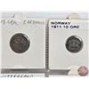 Image 2 : Foreign Coins (5):  ~ Germany 1915 : Five Pfenning ~ Norway 1911 : Ten Ore ~ Switzerland 1963 : One 