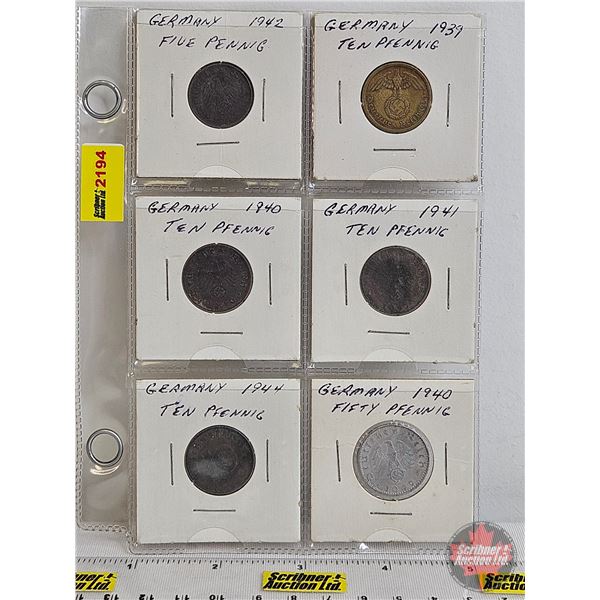 Germany Coins (6): 1942 Five Pfennig; 1939 Ten Pfennig; 1940 Ten Pfennig; 1941 Ten Pfennig; 1944 Ten