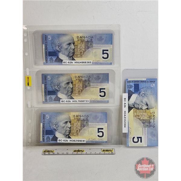 Canada $5 Bills 2002 (4) : Jenkins/Dodge #HNU4966365 ; HOL7608733 ; HOB2199041 ; HOA2332364