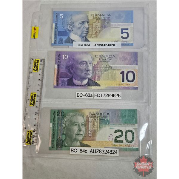 Canada Bills (3): - $5 Bill 2002 : Knight/Dodge #ANV8424020 - $10 Bill 2001 : Knight/Thiessen #FDT72