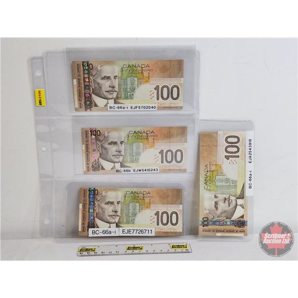 Canada $100 Bills 2004 (4):  - Jenkins/Dodge #EJF5702040 - Jenkins/Dodge #EJE7726711 - Jenkins/Dodge