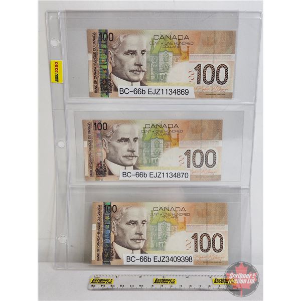Canada $100 Bills 2004 (3):  - Jenkins/Carney #EJZ1134869 - Jenkins/Carney #EJZ1134870 - Jenkins/Car