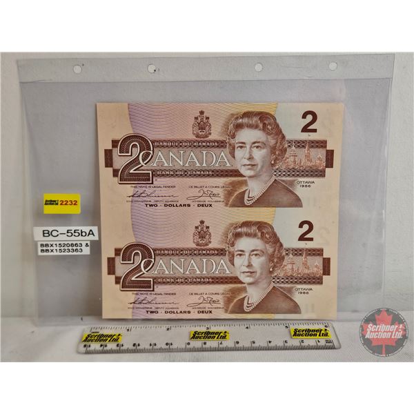 Canada $2 Bills 1986 *Replacement (2 Uncut) : Thiessen/Crow #BBX1520863-BBX1523363