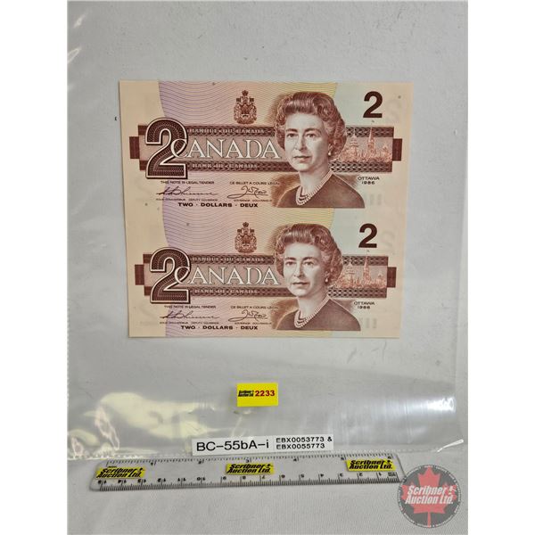 Canada $2 Bills 1986 *Replacement (2 Uncut) : Thiessen/Crow #EBX0053773-EBX0055773
