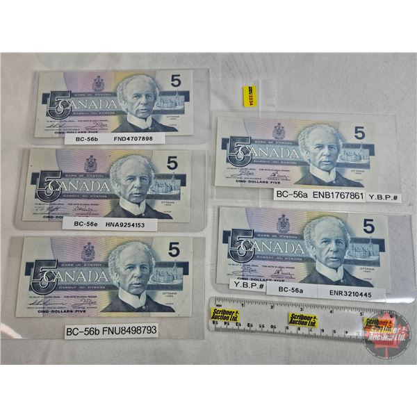 Canada $5 Bills 1986 (5) : - Crow/Bouey #ENB1767861 - Crow/Bouey #ENR3210445 - Thiessen/Crow #FNU849