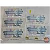 Image 1 : Canada $5 Bills 1986 (5) : - Crow/Bouey #ENB1767861 - Crow/Bouey #ENR3210445 - Thiessen/Crow #FNU849
