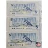 Image 8 : Canada $5 Bills 1986 (5) : - Crow/Bouey #ENB1767861 - Crow/Bouey #ENR3210445 - Thiessen/Crow #FNU849