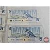 Image 9 : Canada $5 Bills 1986 (5) : - Crow/Bouey #ENB1767861 - Crow/Bouey #ENR3210445 - Thiessen/Crow #FNU849
