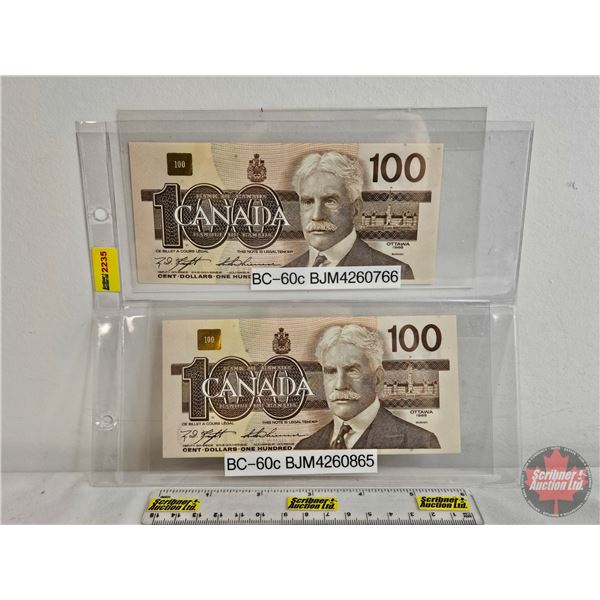 Canada $100 Bills 1988 (2) : - Knight/Thiessen #BJM4260766 - Knight/Thiessen #BJM4260865