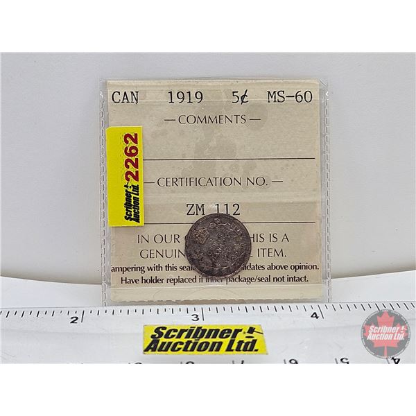 Canada Five Cent 1919 (Previously ICCS Certified : MS-60)