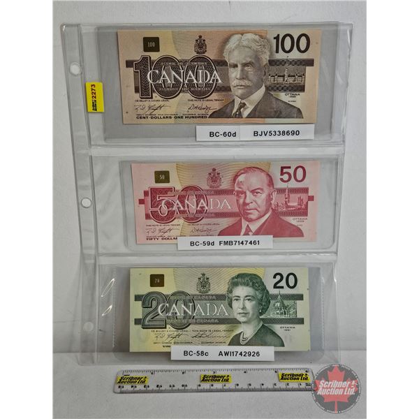 Canada Bills (3): - $20 Bill 1991 : Knight/Thiessen #AWI1742926 - $50 Bill 1988 : Knight/Dodge #FMB7