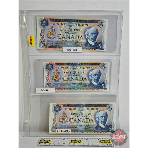 Canada $5 Bills 1972 (3): - Lawson/Bouey #SR1641204 - Lawson/Bouey #SY8702487 - Lawson/Bouey #SY1327