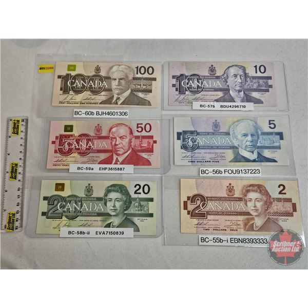 Canada Bills ~ Bird Series Collector Combo (6):  - $2 Bill 1986 : Thiessen/Crow #EBN8393333 - $5 Bil