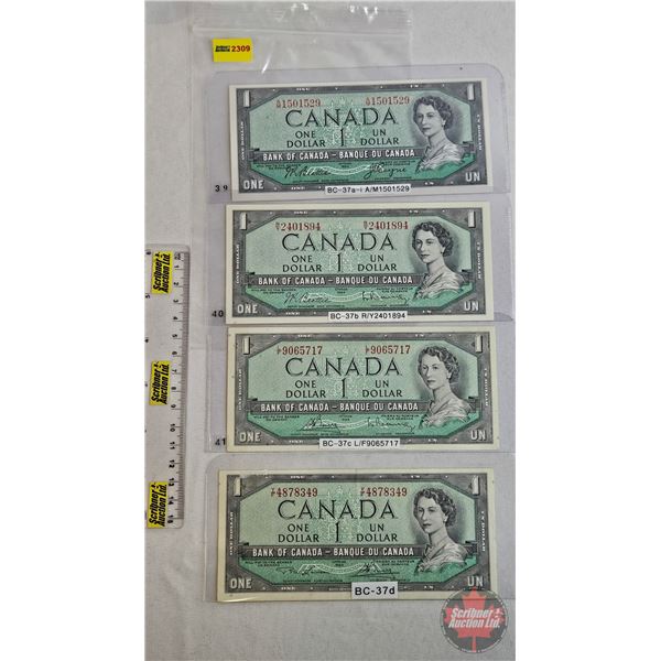 Canada $1 Bills 1954 (4):  - Beattie/Coyne #AM1501529 - Beattie/Rasminsky #RY2401894 - Bouey/Rasmins
