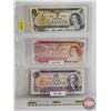 Image 1 : Canada Bills (3): - $1 Bill 1973 : Crow/Bouey #AMK4765534 - $2 Bill 1974 : Crow/Bouey #ARA3338194 - 