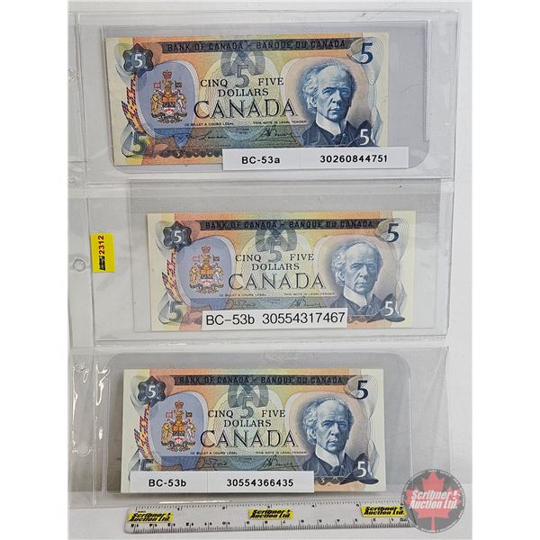 Canada $5 Bills 1979 (3) : - Lawson/Bouey #30260844751 - Crow/Bouey #30554317467 - Crow/Bouey #30554