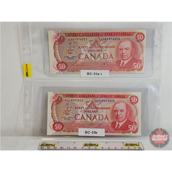 Canada $50 Bills 1975 "Musical Ride" (2): - Lawson/Bouey #EHB1976052 - Crow/Bouey ##EHG8093823