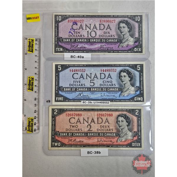 Canada Bills 1954 (3) : - $2 Bill : Beattie/Rasminsky #UU2667080 - $5 Bill : Bouey/Rasminsky #UX4489
