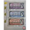 Image 1 : Canada Bills 1954 (3) : - $2 Bill : Beattie/Rasminsky #UU2667080 - $5 Bill : Bouey/Rasminsky #UX4489