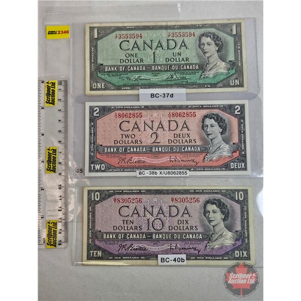 Canada $1 Bills 1954 (3):  - $1 Bill : Lawson/Bouey #YF3553594 - $2 Bill : Beattie/Rasminsky #Xu8062