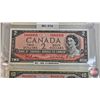 Image 3 : Canada $1 Bills 1954 (3):  - $1 Bill : Lawson/Bouey #YF3553594 - $2 Bill : Beattie/Rasminsky #Xu8062