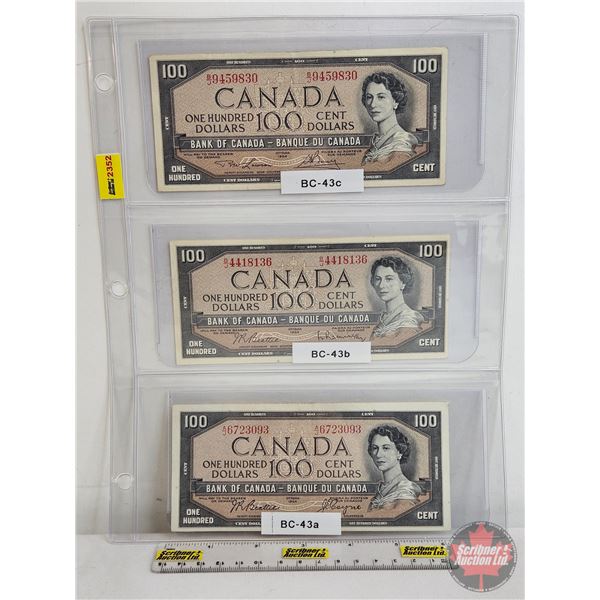 Canada $100 Bills 1954 (3 Signature Varieties) : - Lawson/Bouey #BJ9459830 - Beattie/Rasminsky #BJ44