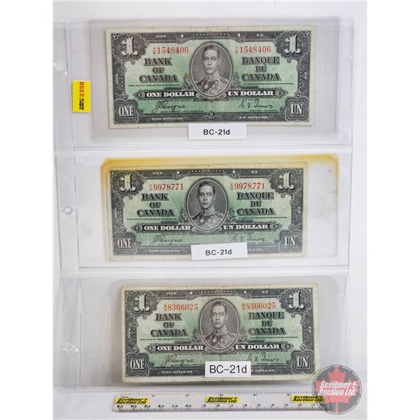 Bank of Canada $1 Bills 1937 (3): Coyne/Towers #YM1548406 / #KN9978771 / #MN8366025