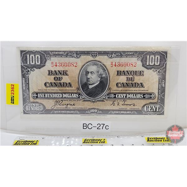 Bank of Canada $100 Bill 1937 : Coyne/Towers #BJ4360082