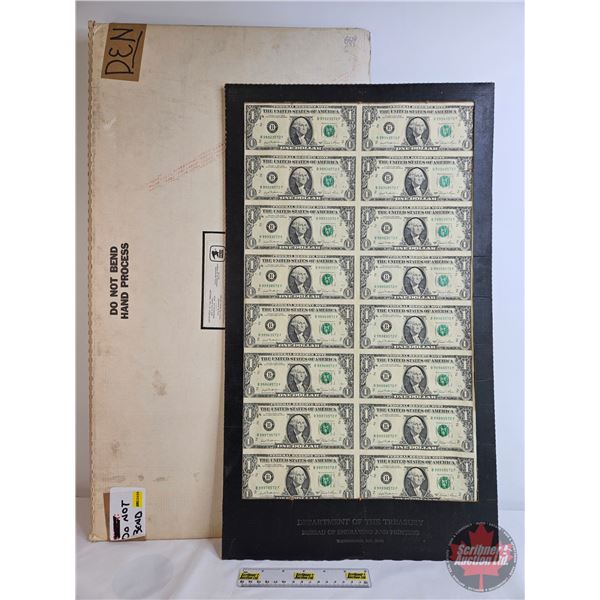 USA $1 Bills 1981 Green Seal (16) UNCUT SHEET 2X8 (FLAT) "Department of the Treasury : Washington, D