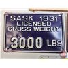 Image 2 : LICENSE PLATES (2) : 1931 Saskatchewan 3000lbs