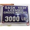 Image 3 : LICENSE PLATES (2) : 1931 Saskatchewan 3000lbs