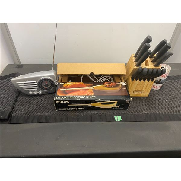 Household items, radio, electric knife, knife set in wood block